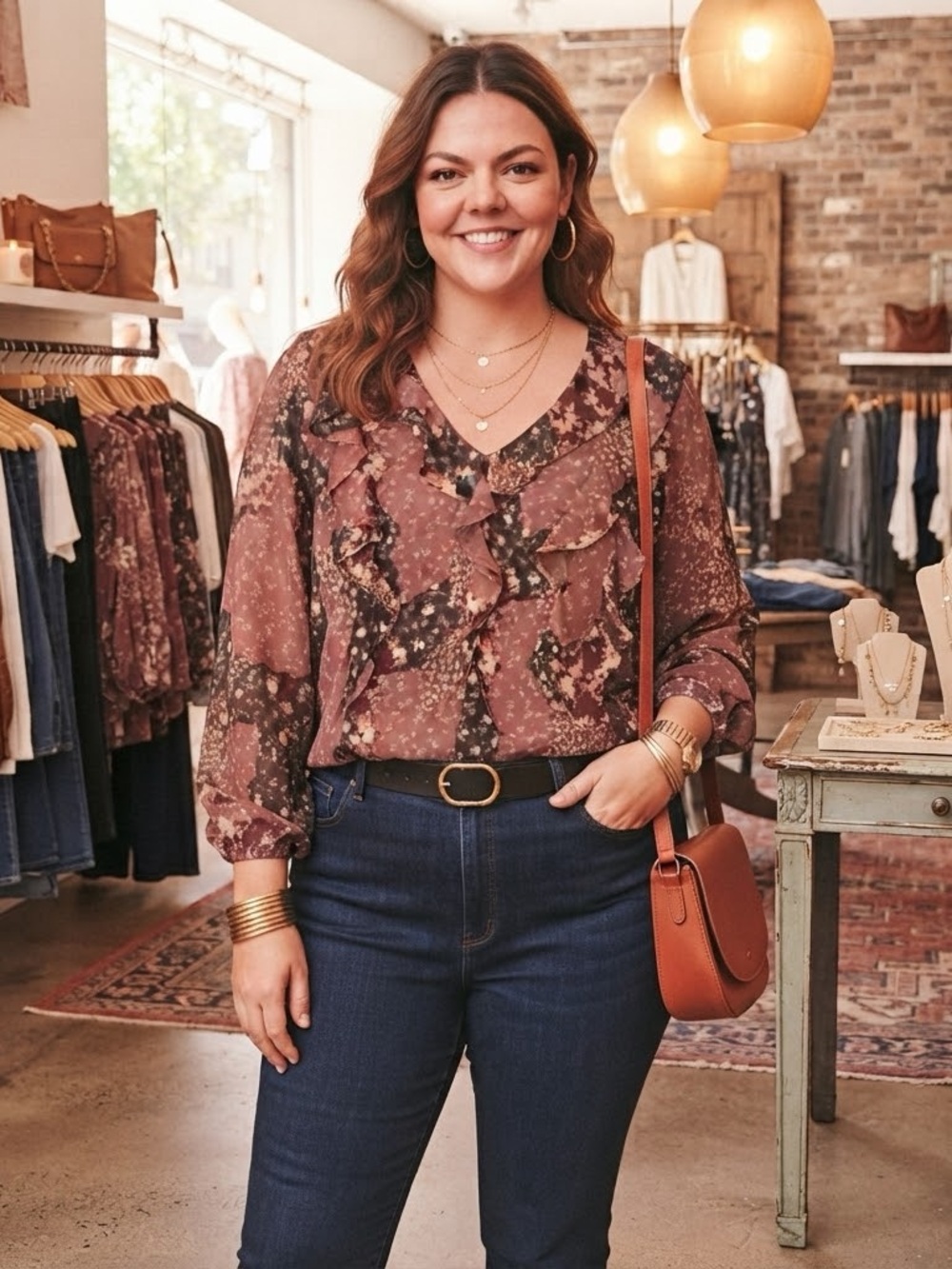 LC Lauren Conrad Dusty Rose Floral Ruffle V-Neck Blouse